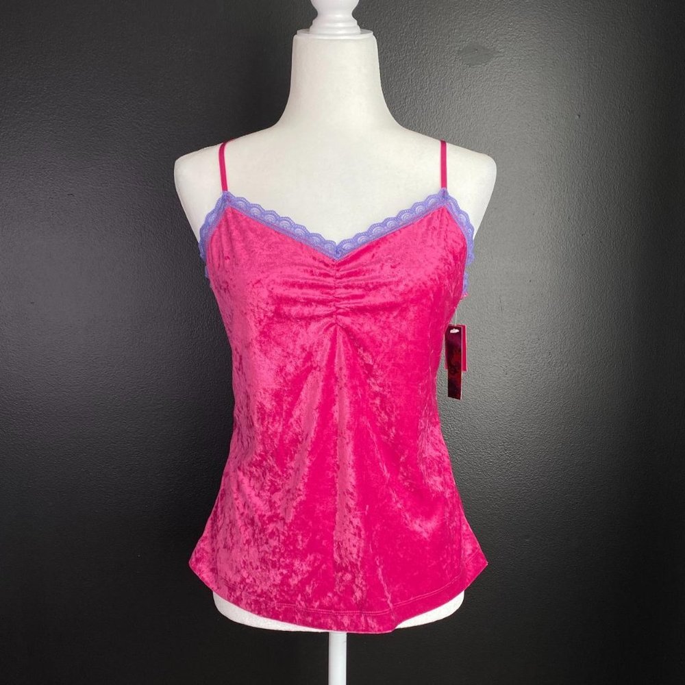 Y2K Barbiecore Hot Pink Velvet Lace Trim Cami Tank